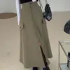 Saia Cargo de Cintura Alta Coreana Saia Evasê Feminina Outono Inverno Retro Bolsos Fenda Frontal Cobre os Quadris Emagrecedora Linha A Bainha Larga Saia Longa