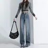 Jeans Rectos de Pierna Ancha de Tiro Alto con Doble Botón Versátiles para Mujer, Nuevo Estilo Primavera y Otoño, para Altas y Delgadas, Jeans Sueltos y Ajustados