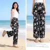 Pantalones Largos de Pierna Ancha de Cintura Alta Nuevos de Verano Pantalones Rectos Sueltos Largos Pantalones de Playa Casuales a Prueba de Mosquitos Pantalones Florales de Seda Helada