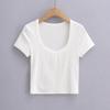 Camiseta de verano de manga corta ajustada con cuello en U, color liso, para mujer europea y americana, C73216