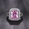 Anillo Abierto de Lujo Rosa Rectangular con Circonita de Montura Cluster de Alta Gama Europea y Americana, Simulación de Turmalina, para Mujer