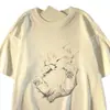 Camiseta retro de manga curta em seda de leite para homens e mulheres, design de gato fofo, top de meia-manga soltinho de verão, estampa unissex