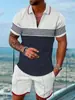 Estação Independente de Roupas Masculinas Europeias e Americanas Transfronteiriças Impressão Digital 3D Casual Cor Contrastante Polo Zíper Gola Camisa Manga Curta Terno