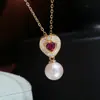 Accesorios para hacer tú mismo: Plata de ley S925, diamante rojo, engaste de colgante de perla en forma de corazón, colgante de alta gama, engaste de plata, accesorio, 7-12 mm