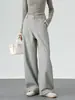 Pantalones casuales de pierna ancha color caqui estilo americano para mujer, diseño de otoño, cintura alta, corte holgado, versátiles, con botones ocultos, pantalones de vestir de pierna recta