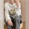 Camiseta Redonda de Manga Larga de Algodón Puro con Divertido Estampado de Pera Amarilla para Mujer, Moda Chic Otoño e Invierno, Top que Reduce la Edad, Aspecto Holgado y Adelgazante
