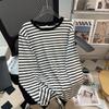 Camiseta Listrada de Algodão Puro Europeu Feminina Manga Longa 2024 Outono Novo Estilo Estilo Estrangeiro Redutora de Idade Solta Camisa Top para Sobreposição