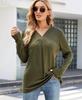 Amazon 2024 Europeu e Americano Transfronteiriço Outono Novo Casual Gola V Plissada Manga Longa Solta Camiseta Feminina Camisa Henley