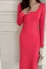 Vestido longo de manga comprida, cor sólida, gola redonda baixa, estilo primavera e outono, slim fit, para mulheres, acinturado, bodycon, com fenda, comprimento médio, transfronteiriço