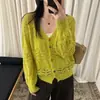 Cárdigan de Punto Calado con Cuello en V Crochet para Mujer Otoño Nuevo Estilo Coreano Reductor de Edad Delgado Holgado Suéter Abrigo Top
