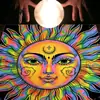 Mantel de Tarot Paño Esterilla Fases Lunares Constelaciones Sol Estrellas Cara Sonriente Felpa Corta Mantel