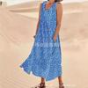 Amazon Estação Independente 2023 Verão Europeu e Americano Comércio Exterior Bolso Sem Mangas Gola Redonda Bainha Larga Vestido Floral Tamanho Grande