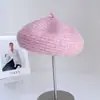 Boina de punto a rayas de mezcla de lana australiana para mujer, gorro de artista básico versátil de invierno, sombrero de azafata a la moda