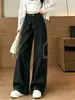 Jeans Denim Workwear Azul Escuro Retrô Tamanho Grande para Mulheres Gordas Estilo de Rua Americano Calças de Perna Larga Soltas Emagrecedoras