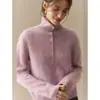 Hongmi Apparel/Outono 2026 Lã Cashmere Toque Felpudo Gola Alta Botões Tricô Suéter Cardigã para Mulheres