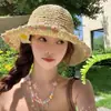 Sombrero de Paja Floral de Verano para Mujer, Protección Solar, Sombrero de Pescador de Ala Ancha, Estilo Pastoral, Vacaciones en la Costa, Lindo Sombrero Tejido