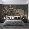 Mural de Flor y Luna Llena Estilo Chino Moderno para Sala de Estar, Pared de Fondo de TV, Tela de Papel Tapiz de Lujo Ligero 3D, Relieve Tridimensional 8D, Flor de Ciruelo