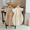 Ropa infantil estilo coreano Vestido de niña con pliegues franceses Colección de verano 2025 con cuello alto y mangas volantes, dulce vestido de princesa