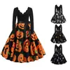 Z [Ropa de Halloween para Mujer] Suministro transfronterizo, vestido de manga larga con estampado de calabaza y cinturón de cinta, estilo retro, y una falda fluida - disponible en stock