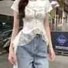 Camiseta de Manga Corta con Retazos de Encaje Picante Estilo Francés para Mujer, Nuevo Top Versátil Juvenil Ajustado para el Verano 2026