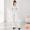 Conjunto de moletom com calça para mulheres, adequado para primavera, outono e inverno, com design de zíper e capuz, estilo solto e casual, e calça de perna larga, um conjunto de duas peças