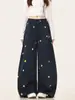 Calça de moletom larga com estampa de estrela retrô americana para mulheres e homens, calça casual solta de outono, calça casual de perna reta atacado