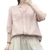 Camisa de Algodón con Cuello en V Estilo Japonés Manga Media 2026 Moda Verano Top Artístico Blusa de Retazos Elegante que Reduce la Edad