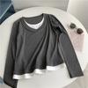 Início do outono novo fio de algodão falso de duas peças de manga comprida t-shirt das mulheres Design Sense Loose Emagrecimento Estilo Ocidental Idade-redução All-match Top