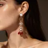 Pendientes Retro Vintage Franceses de Cristal Rojo y Perla con Borlas Largas de Flor de Iris Estilo Antiguo y Pendientes de Lujo Ligero
