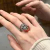 Anillo Hueco de Murciélago con Perla Redonda de Ágata Roja del Sur para Mujer, Nueva Joyería de Plata Estilo Chino, Lleno de Bendiciones para el Año Nuevo, Nicho