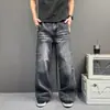 Jeans de pierna acampanada con estampado de bambú retro americano para hombre, lavado con bigotes, pierna recta, pantalones simples casuales versátiles para parejas