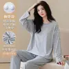 Pijama de Manga Larga para Mujer, Otoño, Cuello Redondo, Rayas, con Almohadillas en el Pecho, Delgado, Casual, Usable en Casa, Set de Ropa para el Hogar, Tallas Grandes