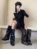 Botas Femininas Estilo Europeu e Americano 2025 Outono e Inverno Novas Botas de Montaria Pregueadas Retro Melard Botas Longas com Salto