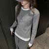 Camiseta de Manga Larga para Mujer de Algodón Puro Estilo Americano, Falso Dos Piezas, Cuello Redondo Pequeño, Hombro Normal, para Usar en Capas, Adelgazante Otoño e Invierno, Camisa Base de Alta Gama