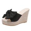 Talla grande Pantuflas Gruesas Tacón de Cuña Moda de Verano para Mujer Nuevo Estilo Coreano Pantuflas para Exterior Sandalias de Tacón Suela de Plataforma Lazo