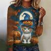 Camiseta de manga larga de Halloween para mujer, otoño e invierno, linda camiseta con estampado 3D de gato, diseño original, jersey para vacaciones