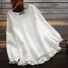 Ropa de mujer transfronteriza, top de algodón y lino con cuello redondo, volantes en las mangas largas, corte holgado, con dobladillo asimétrico de AliExpress