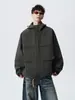Chamarra cortavientos funcional con capucha para hombre, estilo ropa de trabajo, bolsillos grandes, corte holgado, moderna, a prueba de viento, adecuada para actividades al aire libre, senderismo y uso casual