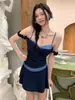 Traje de baño de dos piezas de estilo pastoral francés para niña, de alta gama, vintage, azul, que favorece la figura, con estampado de cuadros y amarre, para vacaciones en aguas termales y sesiones de fotos