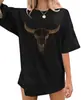 Camiseta Transfronteiriça 180Gboho Caveira de Boi Feminina Camiseta Cowgirl Vintage W