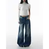 Calça Jeans Wide Leg Pregueada Estilo Retrô Americano de Cintura Alta para Mulheres Altas, Caimento Solto, Emagrecedor, Fluido, Corte Reto, Comprimento até o Chão