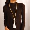Collar Europeo y Americano Transfronterizo de Cruz con Cuentas de Madera Amor Turquesa Borla Étnico Largo Cadena de Lana para Mujer