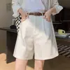 Shorts de trabajo de algodón y lino para mujer, verano finos de cintura alta estilo coreano holgados casuales de pierna ancha, moda petite pantalones cortos ajustados