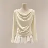 Camiseta Manga Longa Base Estilo Desejo Puro com Decote Franzido Francês Damasco Feminina Outono Inicial Slim Fit Ombro a Ombro Roupa de Baixo Top de Um Ombro