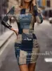 Vestido Bodycon de Manga Larga Estilo Callejero Vintage Ajustado con Estampado de Patchwork de Mezclilla Sintética Nuevo Estilo Otoño 2025