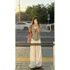 Camiseta de Verão Feminina Casual Solta Preguiçosa Floco de Neve Algodão Fina Base Cor Color Block Decote V Falso Duas Peças Manga Curta Estilo Coreano