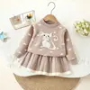 Conjunto de Suéter para Niños Otoño Invierno Nuevo Dibujo Animado de Gato Conjunto de Falda de Punto Niñas Bebé Estilo Coreano Elegante Conjunto de Suéter y Falda Moderno