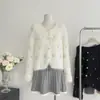 Casaco Longo de Veludo Imitação de Visão Estilo Tweed com Contas para Mulheres Primavera e Outono Novo Cardigã Tricotado Estilo Coreano Top Outer Curto