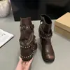 Botas Femininas de Salto Alto com Fivela de Metal Estilo Europeu Cavaleiro Outono/Inverno Estilo Europeu e Americano Estilo Desgastado Couro Macio