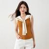 2025 Nuevo Estilo de Verano Estilo Francés Look Adelgazante Rayas Contrastantes Cuello Marino Cinta Sin Mangas Top Chaleco de Punto para Mujer